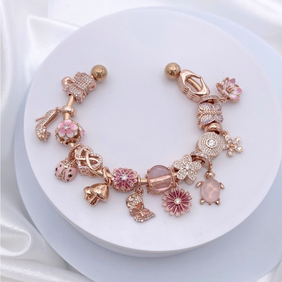 Linx Rose Gold Stainless Steel Open Bangle with Pink Themed Charms